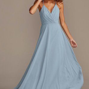 Dusty Blue Chiffon Gown with Spaghetti Straps and Full Skirt